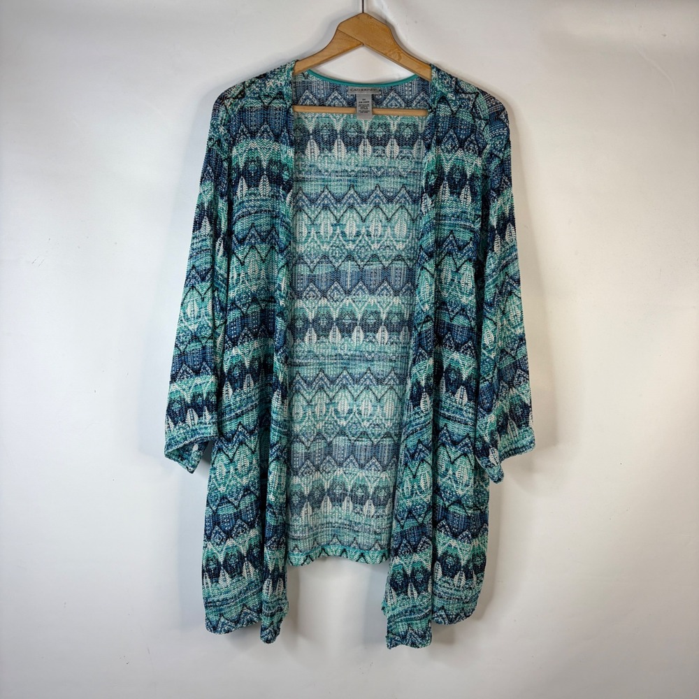 Catherines Cardigan Womens 3X 26/28W Blue Teal Chevron Open Front Knit Layer